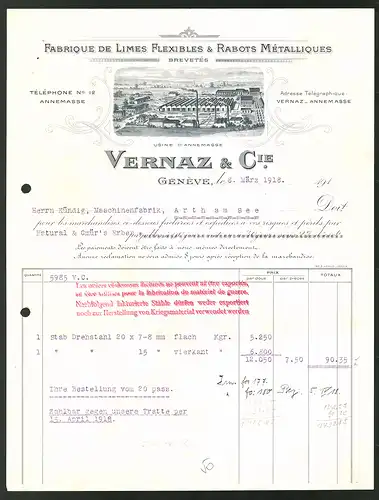 Rechnung Geneve 1918, Fabrique de Limes flexibles & Rabots métalliques Vernaz & Cie., Usine d` Annemasse