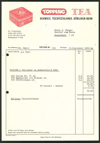 Rechnung Gümligen 1961, Schweiz. Teespezialhaus Topping Tea K. Reininghaus, Teedose
