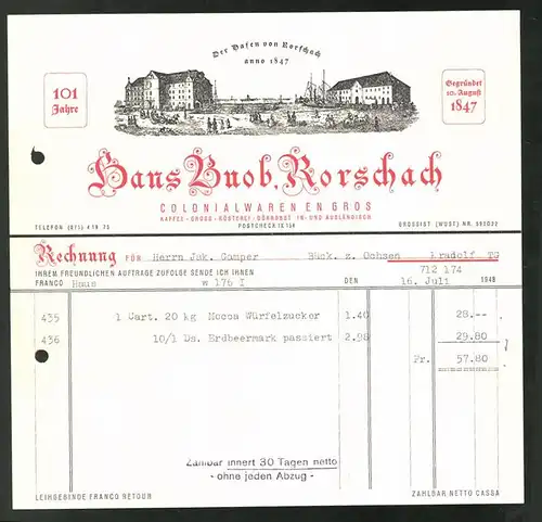 Rechnung Rorschach 1948, Colonialwaren und Kaffeerösterei Hans Buob, Hafenansicht