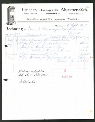 Rechnung Altstetten 1935, Ofenbaugeschäft J. Grieder, Ofen