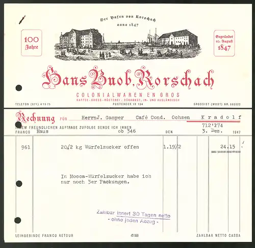 Rechnung Rorschach 1947, Colonialwaren & Kaffeerösterei Hans Buob, Hafenansicht