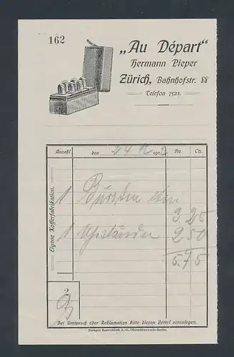 Rechnung Zürich 1912, Kofferfabrikation Au Départ Hermann Pieper, Behältnis