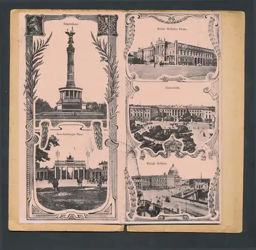 Leporello-Album Berlin und Potsdam, Lithographie-Ansichten Rathaus, Friedenskirche, Schloss Sanssouci, Neue Wache