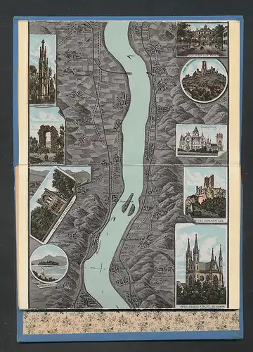 Leporello-Album Rhein, Lithographie-Ansichten, National-Denkmal a. d. Niederwald, Drachenburg, Informationsbroschüre