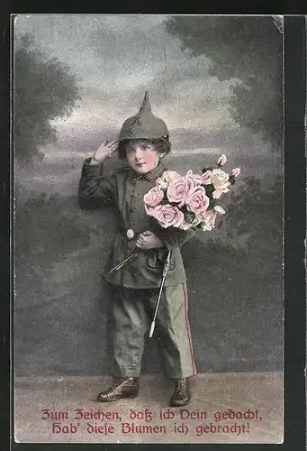 AK Zum Zeichen, dass ich Dein gedacht..., Kind mit Pickelhaube, 1. Weltkrieg