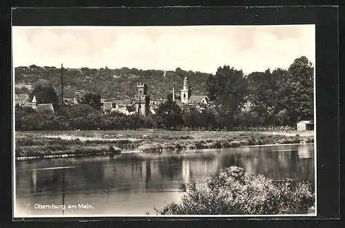 AK Obernburg am Main, Wasserpartie mit Blick auf Kirche und Turm