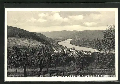 AK Laudenbach a. M., Gesamtansicht mit Klingenberg und die Spessartberge