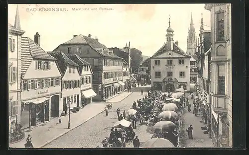 AK Bad Kissingen, Marktplatz mit Rathaus und Wochenmarkt