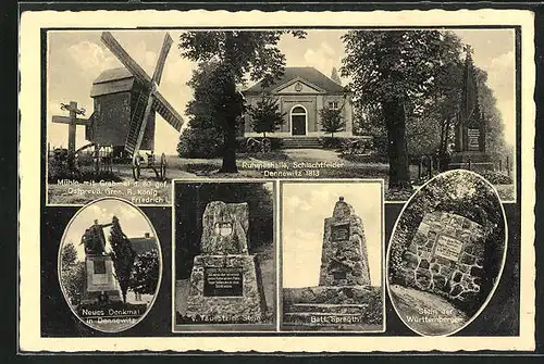 AK Dennewitz, Ruhmeshalle, Mühle mit Grabmal der 80. gef. Ostpreuss. Grend. Rgt. König Friedrich I., Neues Denkmal