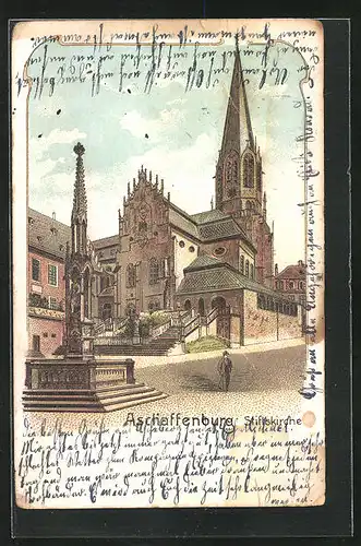 Lithographie Aschaffenburg, Ortmotiv mit Stiftskirche