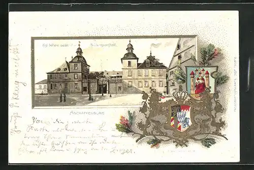 Passepartout-Lithographie Aschaffenburg, Kgl. höhere weibl. Bildungsanstalt und Wappen