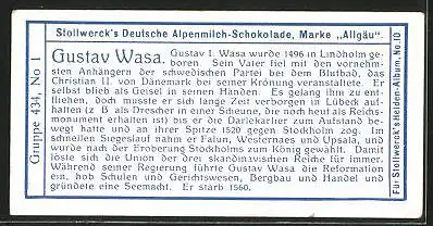 Sammelbild Stollwerck`s Deutsche Alpenmilch-Schokolade, Marke Allgäu, Gustav Wasa zu Pferde im Winter