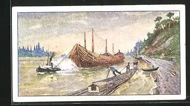 Sammelbild Kant-Cacao, Flösser, Holzgewinnung in Russland, Schleppschiff