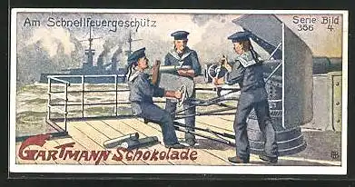 Sammelbild Gartmann-Chocolade, Auf deutschen Kriegsschiffen, Serie 366, Bild 4, Am Schnellfeuergeschütz