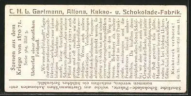 Sammelbild Gartmann-Chocolade, Szenen aus dem Kriege von 1870 /71, Serie 369, Bild 4, Überfall einer Deutschen Feldpost