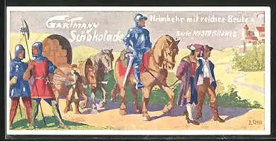 Sammelbild Gartmann-Chocolade, Rittertum im Mittelalter, Serie 379, Bild 5, Heimkehr mit reicher Beute