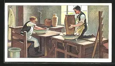 Sammelbild Kant-Chocolade, Herstellung des Porzellans, Serie311, Bild 3, Die Gipsform auf der Drehscheibe