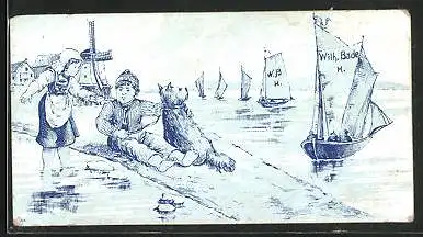 Sammelbild Chocoladen- und Bonbonfabrik Wilh. Bade, holländische Kinder und Segelschiffe am Wasser
