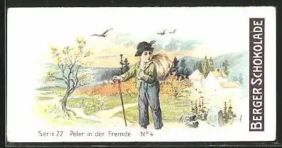 Sammelbild Berger Schokolade, Peter der Fremde, Serie 22, Bild 4, Peter blickt auf den Ort zurück