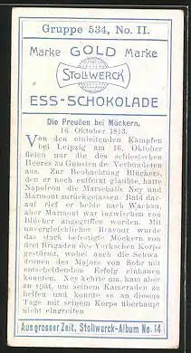 Sammelbild Stollwerck Kakao & Schokolade, Aus grosser Zeit, Serie 534, Bild II, Die Preussen bei Möckern