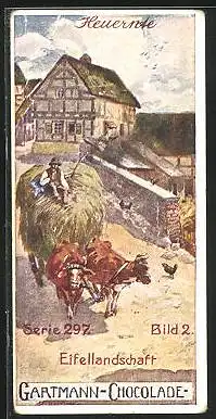 Sammelbild Gartmann-Chocolade, Eifellandschaft, Ochsenkarren bei der Heuernte