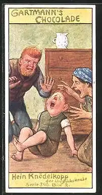 Sammelbild Gartmann`s Chocolade, Hein Knödelkopp der Unglücksknabe, seine früheste Kindheit