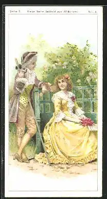 Sammelbild Wilh. Bade Chokolade, Liebespaar, junger Frau im gelben Kleid
