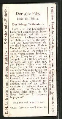 Sammelbild Gartmann-Chocolade, Der alte Fritz, Des Königs Taschentuch, verwundeter Soldat