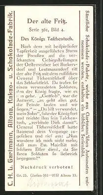 Sammelbild Gartmann-Chocolade, Der alte Fritz, königlisches Taschentuch