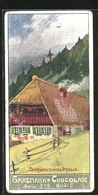 Sammelbild Gartmann-Chocolade, Häusertypen, Schwarzwaldhaus, Berge