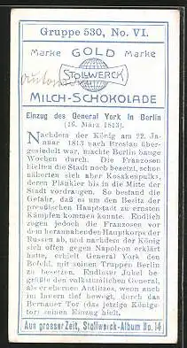 Sammelbild Stollwerck Milch-Schokolade, Marke Gold, Berlin, Einzug des General York in die Stadt