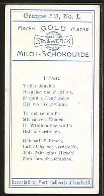 Sammelbild Stollwerck Milch-Schokolade, Marke Gold, Trost, Jäger mit Gewehr