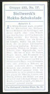 Sammelbild Stollwerck`s Mokka-Schokolade, Heinrich I.