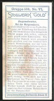 Sammelbild Stollwerck Kakao & Schokolade, Jungdeutschland, Serie 559, Bild VI, Jugendwehr bei der Morgenwäsche