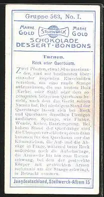 Sammelbild Stollwerck Kakao & Schokolade, Jungdeutschland, Serie 563, Bild I, Reck oder Querbaum beim Turnsport