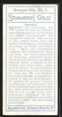 Sammelbild Stollwerck Kakao & Schokolade, Aus grosser Zeit, Serie 536, Bild I, Neithard von Gneisenau