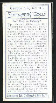 Sammelbild Stollwerck Kakao & Schokolade, Aus grosser Zeit, Serie 535, Bild III, Graf Kleist von Nollendorf