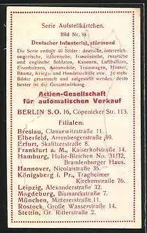 Sammelbild Aktiengesellschaft f. autom. Verkauf Berlin, Serie Aufstellkärtchen, Bild 38, Deutscher Infanterist, stürmend