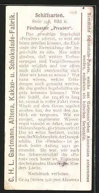 Sammelbild Gartmann Chocolade, Schiffsarten, Serie 348, Bild 6, Fünfmaster Preussen