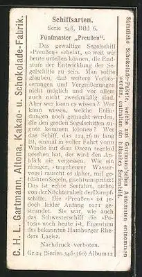 Sammelbild Gartmann Chocolade, Schiffsarten, Serie 348, Bild 6, Fünfmaster Preussen