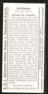 Sammelbild Gartmann Chocolade, Schiffsarten, Serie 348, Bild 4, Karavelle des Kolumbus
