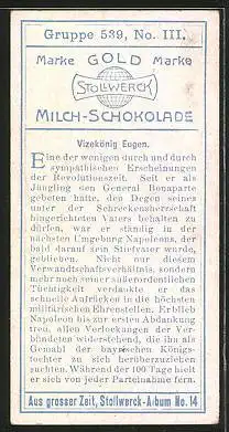 Sammelbild Stollwerck Kakao & Schokolade, Aus grosser Zeit, Serie 539, Bild III. Vizekönig Eugen
