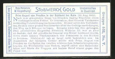 Sammelbild Stollwerck Kakao & Schokolade, Aus grosser Zeit, Serie 532, Bild V, Prinz August von Preussen bei Kulm 1813