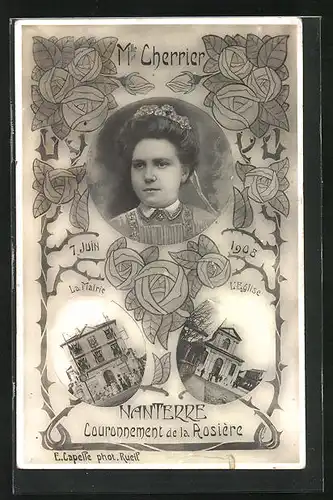 AK Nanterre, Couronnement de la Rosière 1908, Mlle Cherrier, La Mairie, L`Eglise