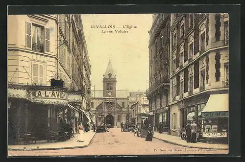 AK Levallois, l'Eglise, la rue Voltaire