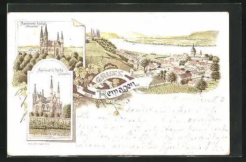 Vorläufer-Lithographie Remagen, 1895, Ansichten der Apollinaris Kirche, Panoramablick auf den Ort