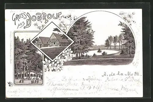 Vorläufer-Lithographie Dobrock, 1895, Gasthaus am Wald, Fachwerkhäuser, Teich