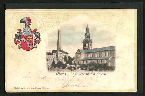 Lithographie Worms, Ludwigsplatz mit Denkmal umgeben von Wappen