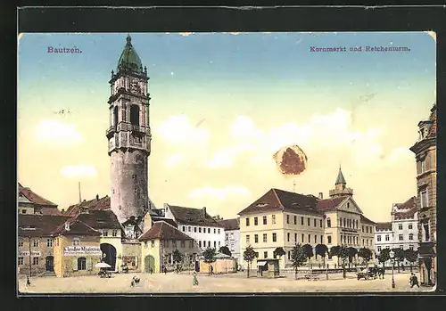 AK Bautzen, Strasse am Kornmarkt und Reichenturm