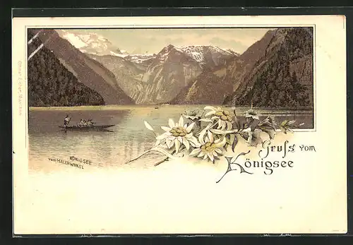 Lithographie Berchtesgaden, Fähre auf dem Königsee
